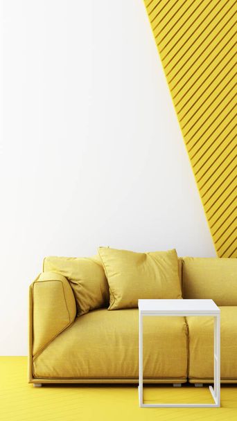 sillas de color amarillo, sofá, sillón en fondo vacío. rodeada de forma geométrica Concepto de minimalismo instalación de arte. 3d representación simulan marco vertical - Foto, Imagen
