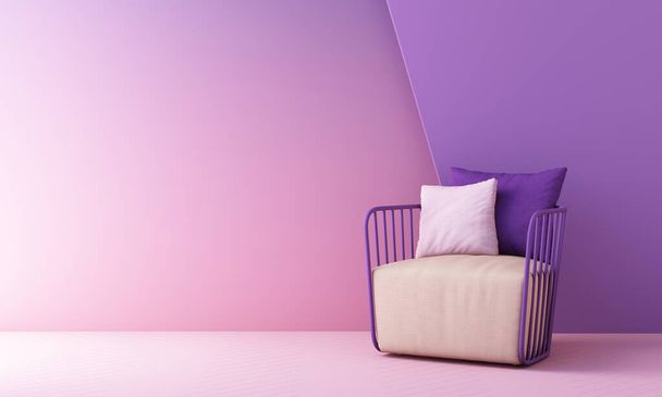 purple and pink color trend 2022 chairs, sofa, armchair in empty background. surrounding by geometric shape Concept of minimalism  installation art. 3d rendering mock up - Foto, imagen