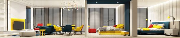 sala de estar colorido jantar e cama interior design interior com parede característica em vermelho azul amarelo e cinza tom com móveis em piso de madeira, teto e madeira cego em grande janela 3d render panorama - Foto, Imagem