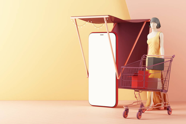 koncepcja internetowych kobiet dokonujących zakupów odzieży w aplikacji social media. 3d Ekran smartfona z torbą na zakupy, wiadomość czat, koszyk na różowy pastelowy kolor 3d renderowania - Zdjęcie, obraz