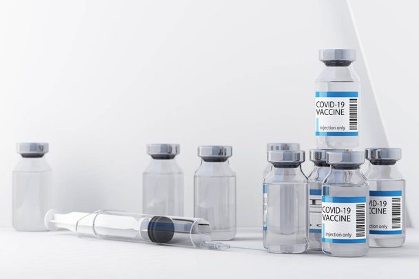 Мала пляшка вакцини для ін'єкцій вакцини проти коронавірусу з медичним шприцом на білому тлі та геометричною формою 3d рендеринга
 - Фото, зображення