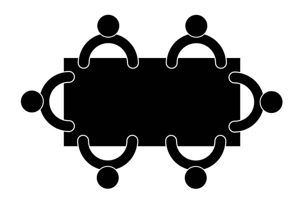 Tým šesti lidí sedí kolem hranatého stolu, horní pohled, symbol pro obchodní jednání, černá ikona izolované na bílém pozadí - Fotografie, Obrázek