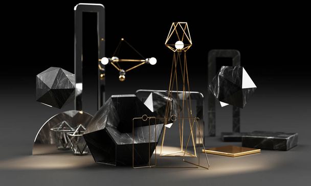 Forma geométrica de textura de mármol negro y oro con grupo de objetos de vidrio de color conjunto 3d renderizar escena abstracta en blanco podio con fondo negro - Foto, imagen
