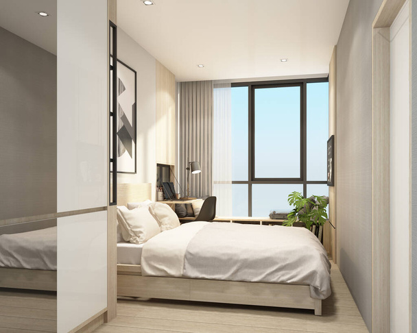 dormitorio moderno en condominio con interior de estilo contemporáneo moderno y suelo de madera con muebles construidos en 3D renderizado - Foto, Imagen