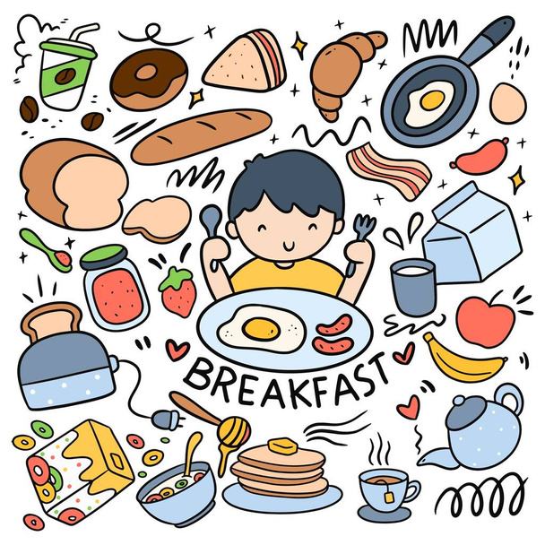 breakfast with coffee, food, eating, healthy lifestyle concept - Vector, Image