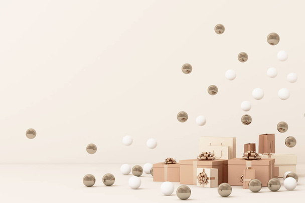 Růžové dárkové krabice obklopující spoustu zlata a bílé koule. 3D vykreslování - Fotografie, Obrázek
