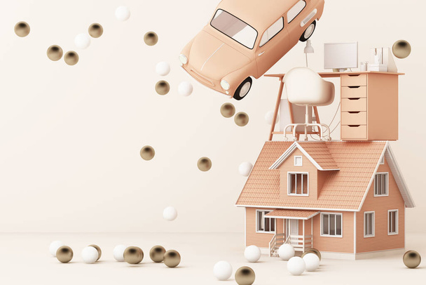 Myslet na domov, auto a práce obklopující mnoho zlaté a bílé koule. 3D vykreslování - Fotografie, Obrázek