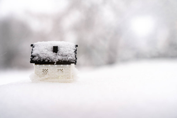 3D модель дома на снегу природный фон для зимнего сезона - Фото, изображение