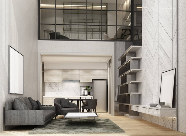 Kétágyas tér nappali és étkező wiht fa padló és márvány minta fal díszíteni, Mezzanine munkaterület. belső 3D-s renderelés  - Fotó, kép