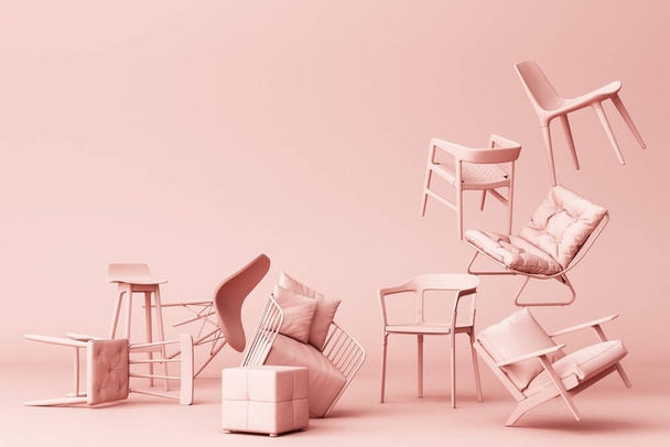 Sedie rosa pastello su sfondo rosa vuoto. Concetto di minimalismo & installazione art. 3d rendering mock up - Foto, immagini