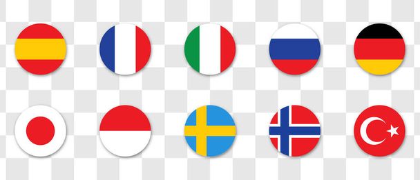 Die Symbole der Nationalflaggen sind Vektor, die wichtigsten Flaggensprachen festgelegt. Deutschland, Russland, Japan, Frankreich. Vereinzelte Kreis-Tasten auf transparentem Hintergrund. Website-Schaltfläche Sprachauswahlsymbole. Vector UI Flaggendesign. - Vektor, Bild