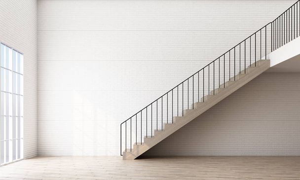 Δίκλινο χώρο μοντέρνο πατάρι εσωτερικό, θέα σκάλα με λευκό τοίχο από τούβλα. 3d απόδοση  - Φωτογραφία, εικόνα