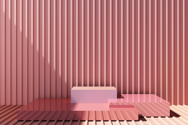 Tuotteen seistä pastelli vaaleanpunainen metallilevy. 3d renderointi - Valokuva, kuva