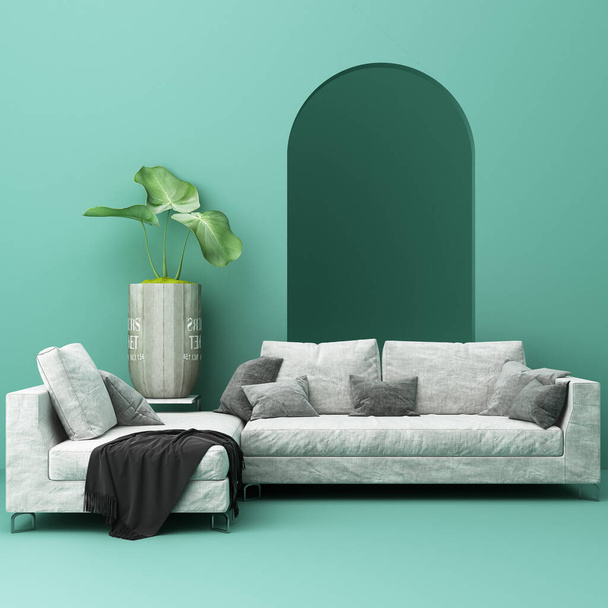 Sofa L shape wiht pot plant and green arch wall interior space. 3d render - Fotoğraf, Görsel