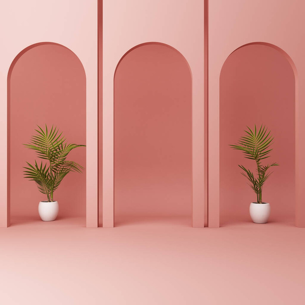 Arco minimalista, rosa con planta. renderizado 3d  - Foto, imagen
