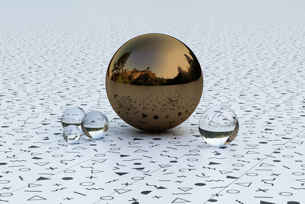 Geometric shapes with memphis pattern environment reflected on sphere. 3d rendering - Photo, Image