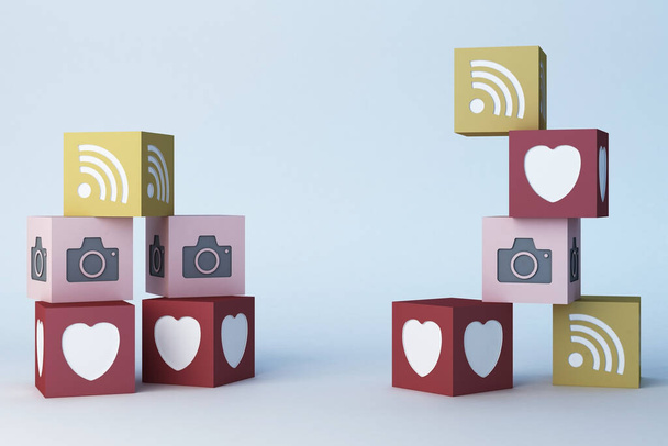 Kolorowe ikony Emojis i ikony pudełko. Social media concept.white tła.3d renderowania. - Zdjęcie, obraz