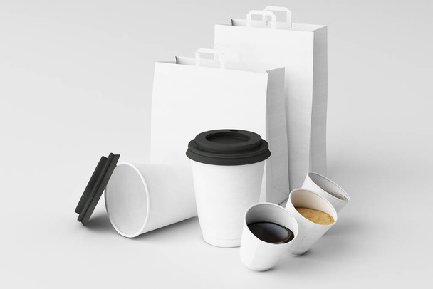 Set aus weißer Papiereinkaufstasche und Kaffeetassen auf weißem Hintergrund. 3D-Darstellung - Foto, Bild