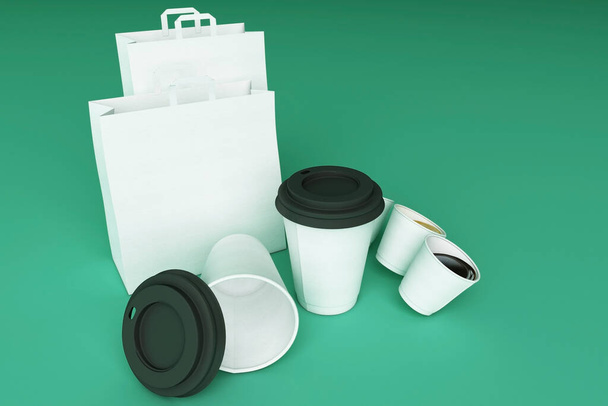 Állítsa be a fehér papír bevásárló táska és kávéscsésze zöld pasztell háttér. 3D-s renderelés - Fotó, kép