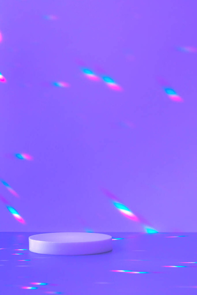 empty scene and circle podium on purple background with crystal light sparkles - Photo, Image