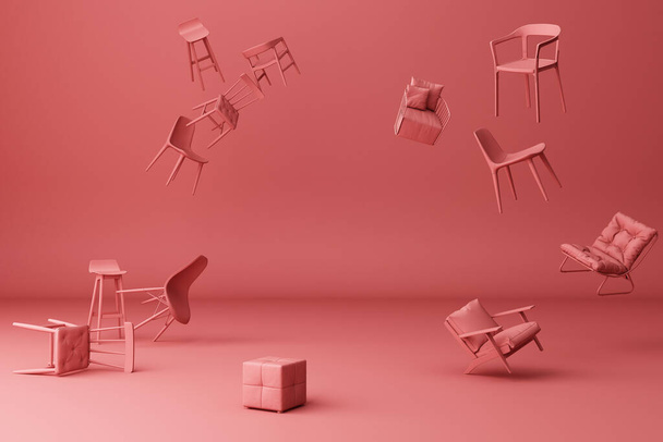 A lot of chairs on a red background. -3d render - Foto, Imagem