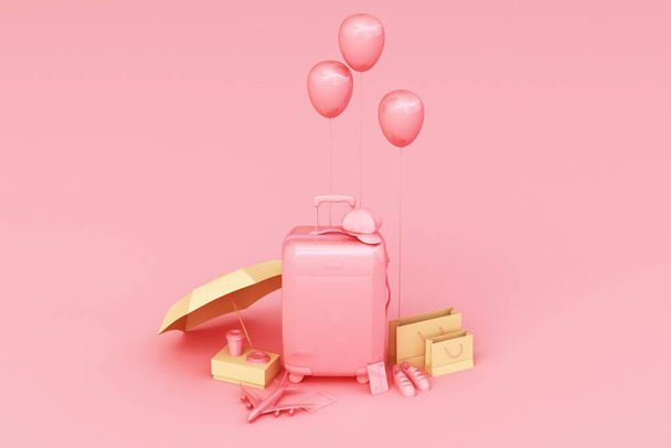 Suitcase with traveler accessories on pink background. travel concept. 3d rendering - Φωτογραφία, εικόνα