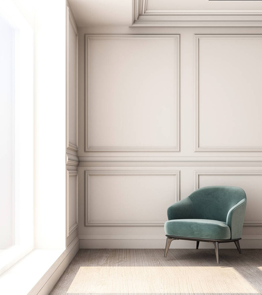 3D renderização ilustração da sala de estar com painel de parede clássico de luxo e poltrona. - Foto, Imagem