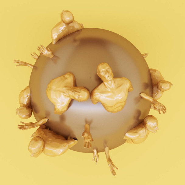 Абстрактная концепция желтого цвета человека застряла на золотой сфере. 3d-рендеринг - Фото, изображение