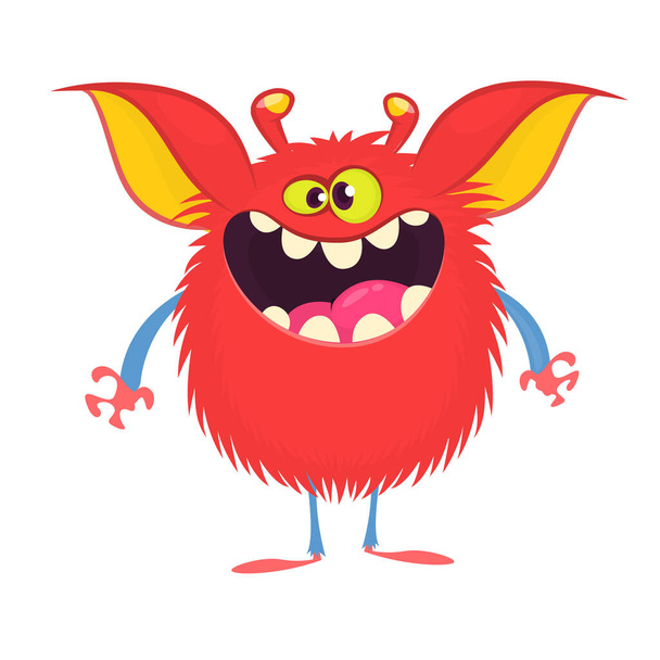 Happy cartoon horned monster. Halloween vector illustration of red monster character. Design for print, sticker or party decoratio - Vector, imagen