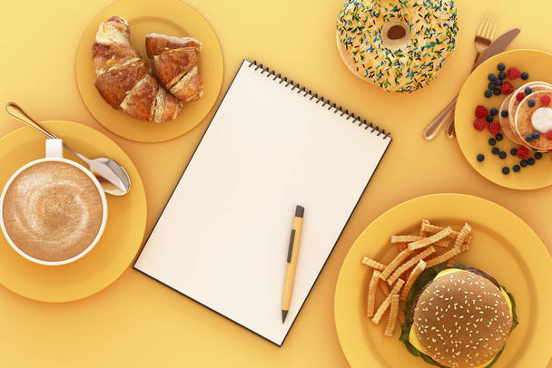 Coffee cup and croissant and hamburger with clipboard in the plate on yellow background. 3d render - Photo, Image