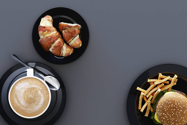 Koffiecup en croissant en hamburger in de schotel op grijze achtergrond. 3d renderen - Foto, afbeelding