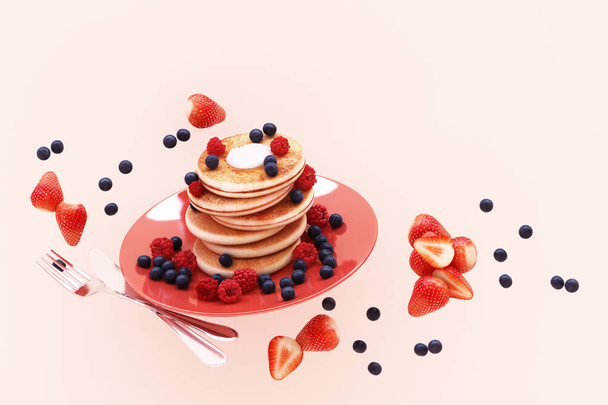Pancake con mirtillo e fragola nel piatto su fondo rosa pastello. rendering 3d - Foto, immagini
