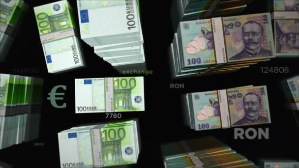 Euro ve Romania Lei para değişimi. Kağıt banknotlar tomar tomar. Ticaret, ekonomi, rekabet, kriz, bankacılık ve finans kavramı. Döngüsüz 3D canlandırma notaları. - Video, Çekim