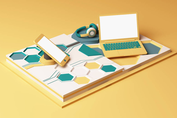 黄色と緑の色で幾何学的な形状プラットフォームの技術概念抽象組成とラップトップ、スマートフォンやヘッドフォン。3Dレンダリング - 写真・画像