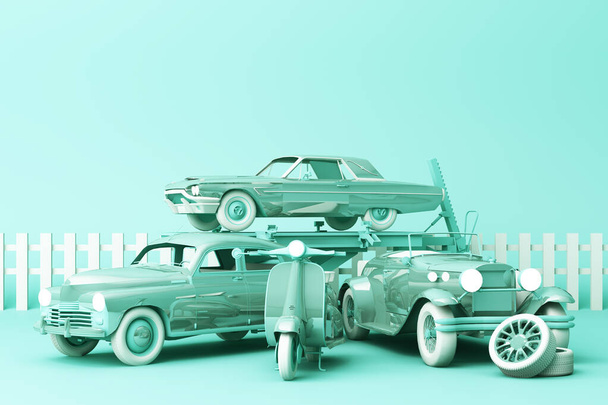 Vintage autók zöld pasztell színben, vintage rollerrel, zöld háttérrel. 3D-s renderelés  - Fotó, kép