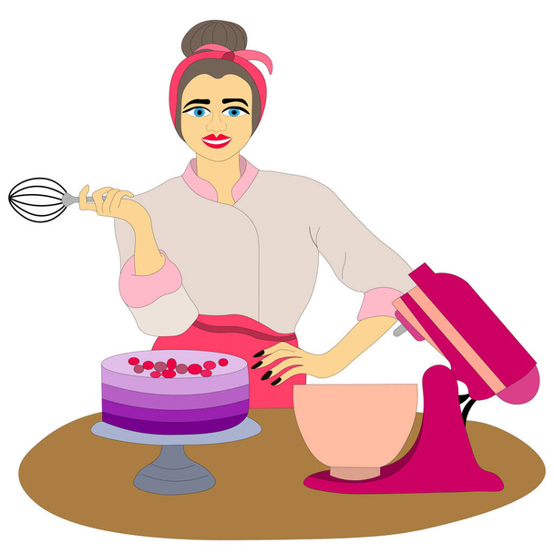 pastry chef girl, baker holds whisk in her hands, cooked cake on platter is on the table and planetary mixer. Culinary master class. Suitable for cover art, advertising, blog, menu. Vector - Vector, Image