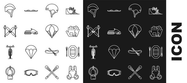 Set line Padák, Rafting loď, Rukavice, Helma, Snowmobile, Lyže a hole, Cyklistická helma a ikona. Vektor - Vektor, obrázek
