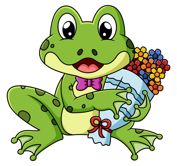 かわいいカエルは、イラストのバレンタインのための花の花束を開催しています - ベクター画像