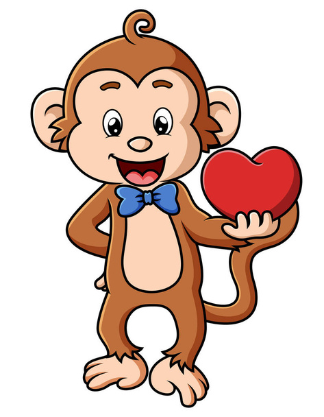 The cute monkey is ready for valentine and holding the heart doll of illustration - Vector, Imagen