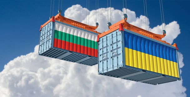 Freight containers with Ukraine and Bulgaria national flags. 3D Rendering  - Zdjęcie, obraz