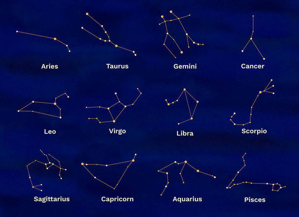 Constellation of horoscope of twelve zodiacs. Mystic astrology. Watercolor illustration, design for any purposes. - Photo, Image