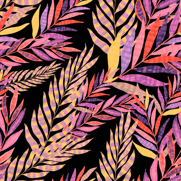 Современный абстрактный бесшовный рисунок с творческими красочными тропическими листьями. Ретро яркий летний фон. Иллюстрация листьев джунглей. Ботанический дизайн купальников. Винтажная экзотическая печать. - Фото, изображение