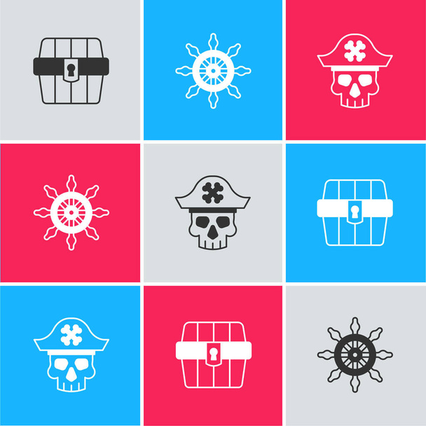 Definir caixa de tesouro antigo, volante do navio e ícone capitão pirata. Vetor - Vetor, Imagem