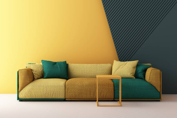 黄色と緑の椅子ソファ背景に肘掛け椅子。幾何学的形状に囲まれたミニマリズムとインスタレーション作品のコンセプト。3Dレンダリングモックアップ - 写真・画像
