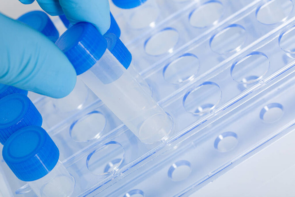close-up de manipulação de tubos de ensaio vazios para testes de coronavírus em um laboratório - Foto, Imagem