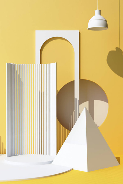 Objeto abstracto fondo blanco con forma geométrica podio para producto con sombra en pared. concepto mínimo amarillo y blanco. 3d representación marco vertical - Foto, imagen