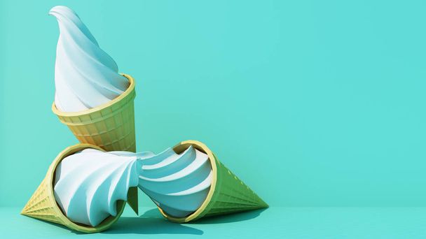 Turkuaz renk arkaplan üzerinde tatlı gofret konisi olan süt dondurması en düşük konsept 3D görüntüleme  - Fotoğraf, Görsel