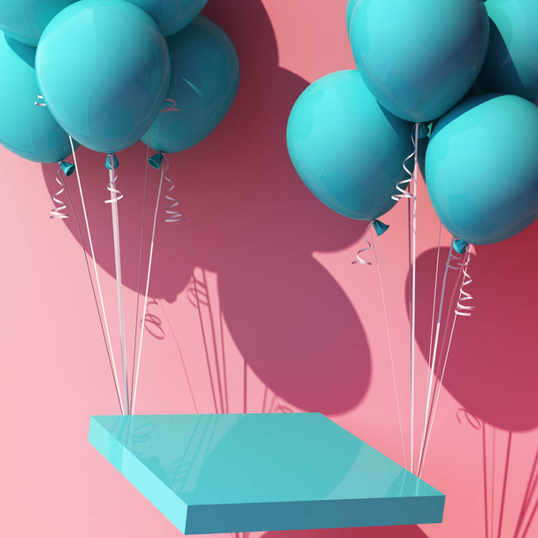 turkusowy niebieski balon związany z podium stoiska produktu i wyciąga go na różowym tle 3d renderowania - Zdjęcie, obraz