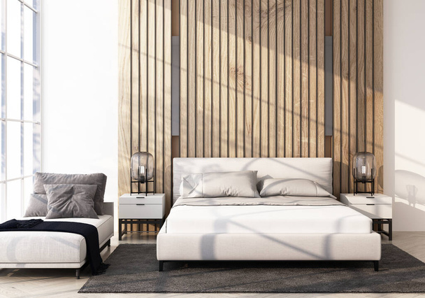 modern bedroom with wooden floor and headboard 3d rendering - 写真・画像