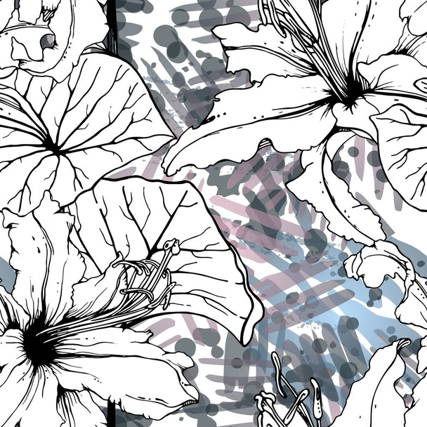Floral Black and White Seamless Pattern. Modern Artistic Watercolor Print. Fashion Outline Flowers Surface. Botanic Vector Motif on Ink Stains Texture. Drawing Abstract Leaf. Trend Tropic Background. - Vector, Imagen